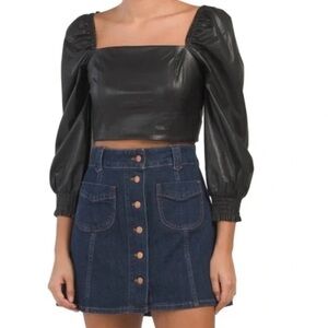 7 For All Mankind Faux Leather Puff Sleeve Crop Top Size: Small Black EUC